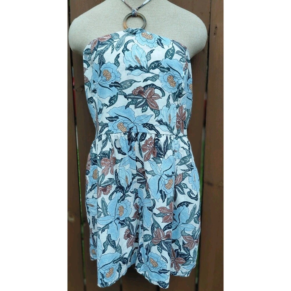Old Navy Women’s L Blue Linen Blend Floral Halter Romper Ruched Back Size XL